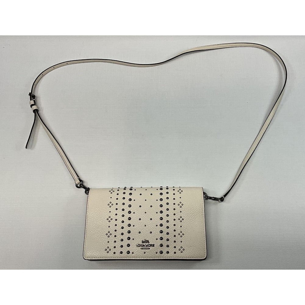 COACH Bandana Rivets Foldover Crossbody Purse Bag Ivory Pebbled Leather VGUC